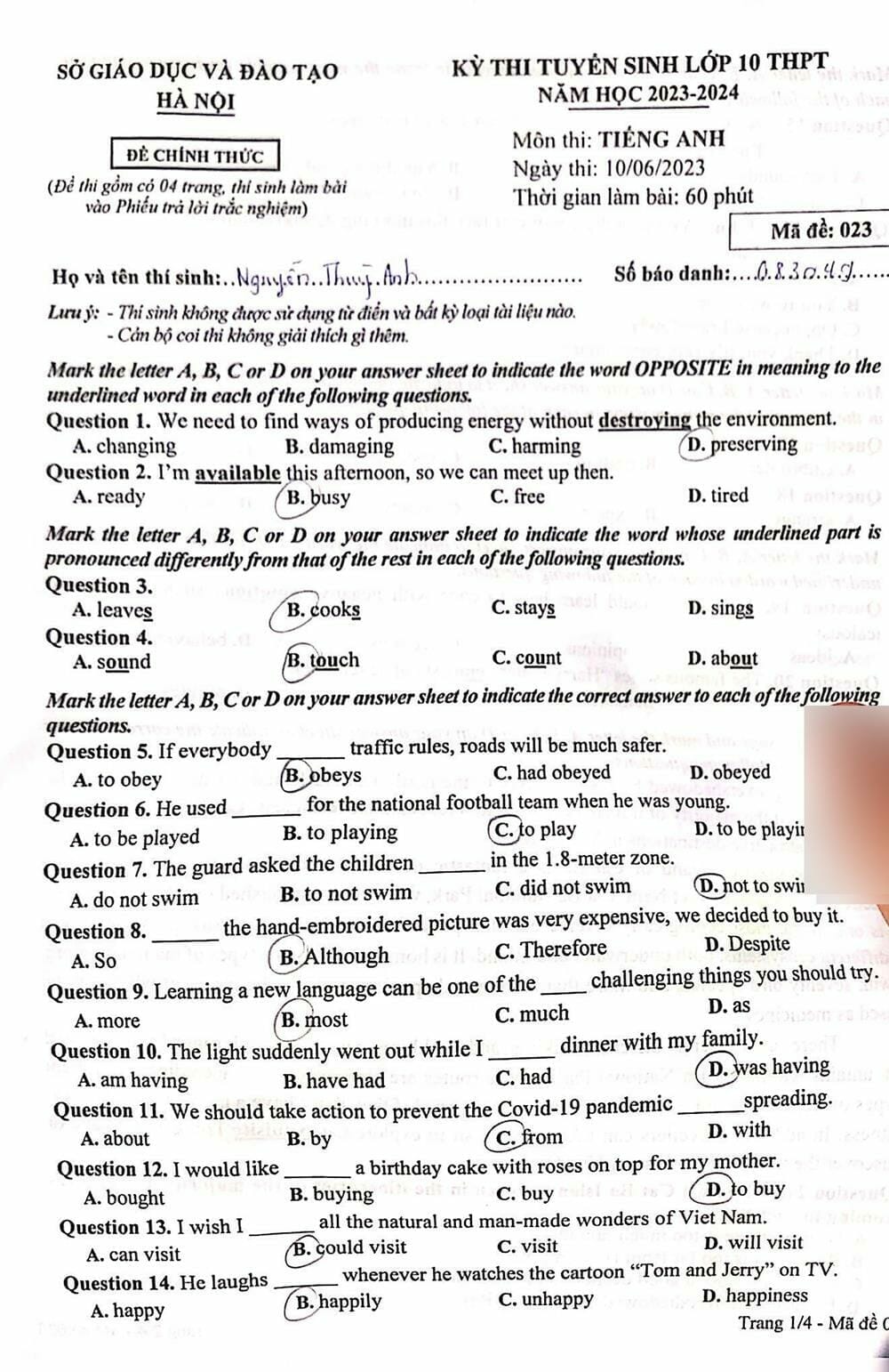 Đề Thi Môn Tiếng Anh thi vào lớp 10 Hà Nội năm 2023 chính thức 2023 - networth, wiki, biography